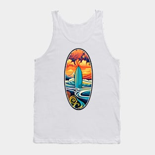 Retro Surfboard on a Vibrant Oceanic Backdrop Tank Top